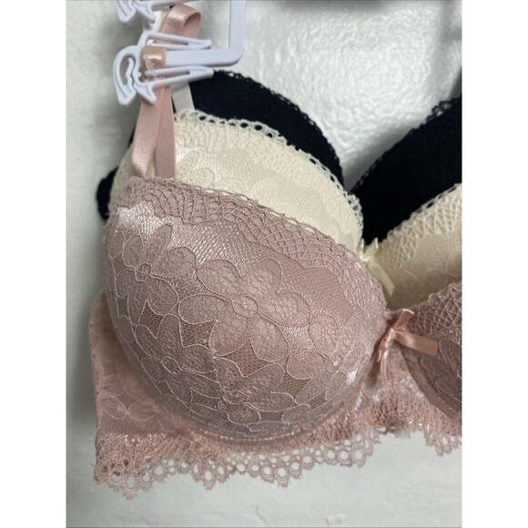 Rene Rofe Extrem Push Up Bra 3 Pack Size 36C Lace Floral Pink Beige Black - Picture 2 of 11
